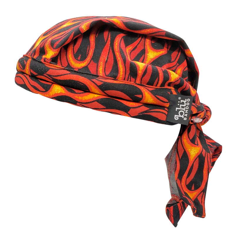 Cooling Bandoorag Skull Cap | Doo Rag | Black Flame | Water Activated with Cooling Crystals | Hand Washable And Reusable | Unisex